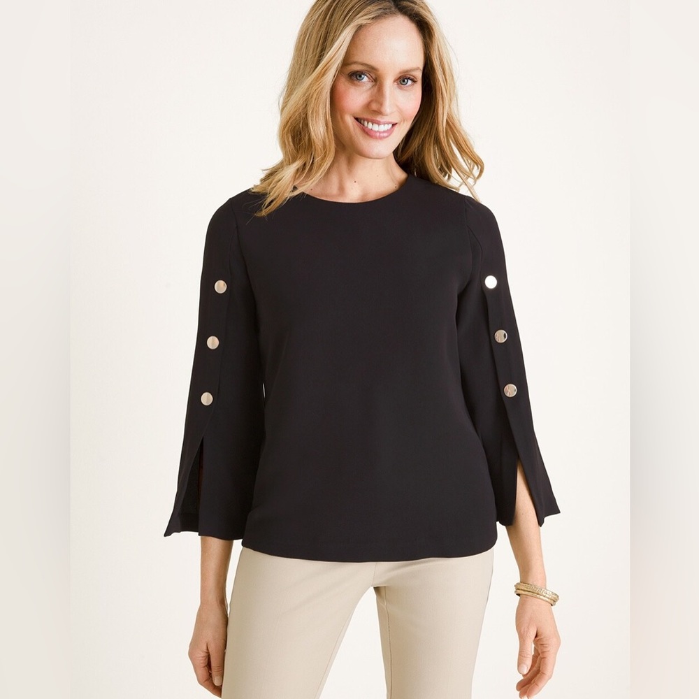Chico's Women's Black Solid Military Detail Popover Blouse Size 1 (M/8)